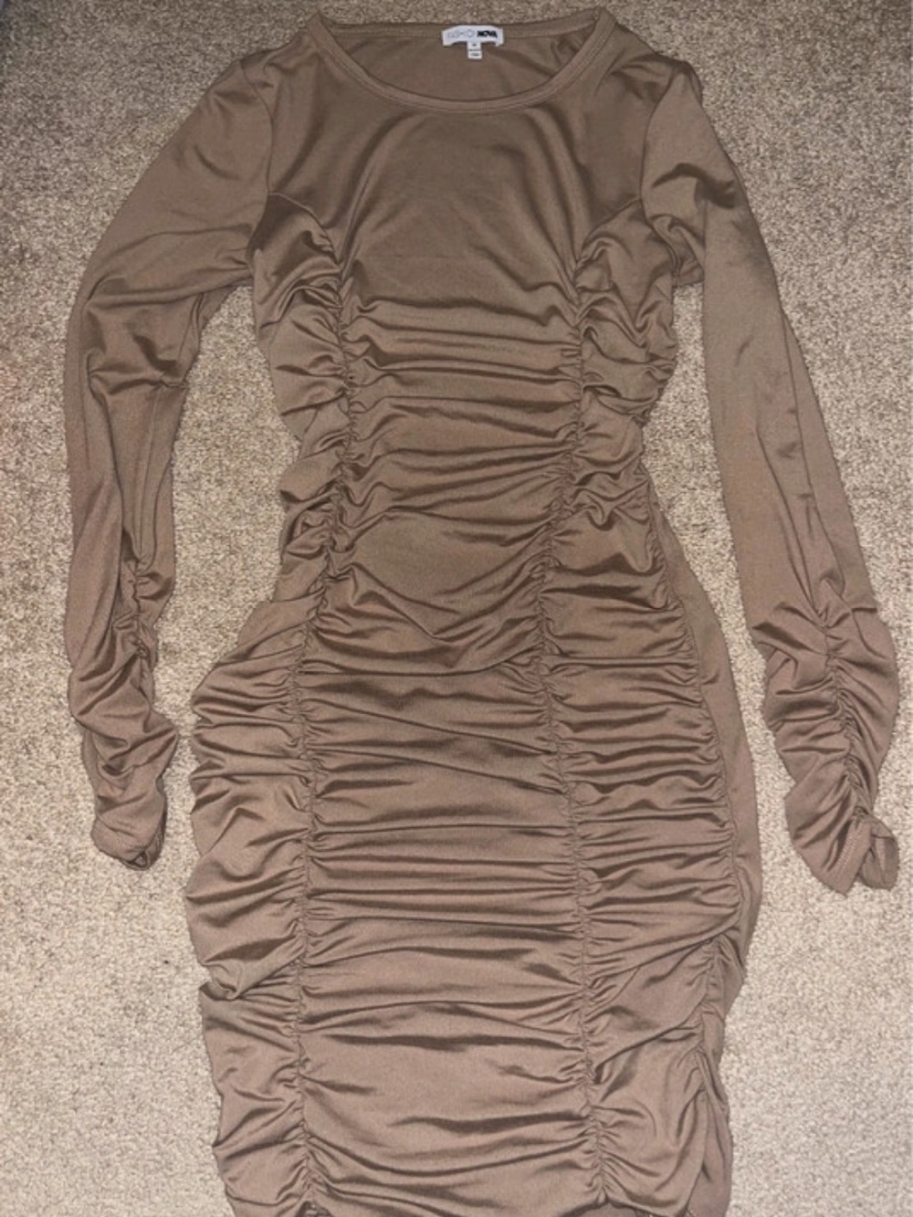 Fashion Nova Taupe Ruched Long-Sleeve Bodycon Dress